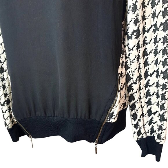 Bobeau Womens L Long Sleeve Zippers Black Cream Houndstooth Top Chic Preppy - Picture 5 of 10